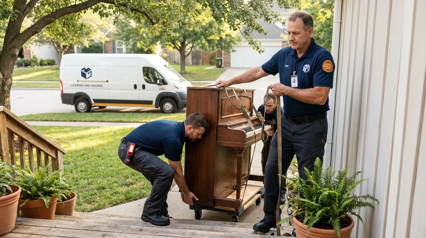 Licensed piano movers securing grand piano in Plano, TX