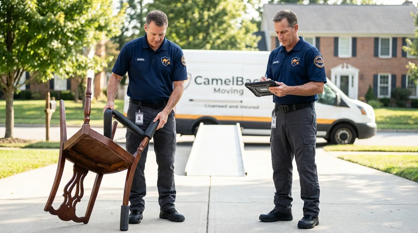 Movers inspecting furniture for damage prevention before loading in Plano, TX