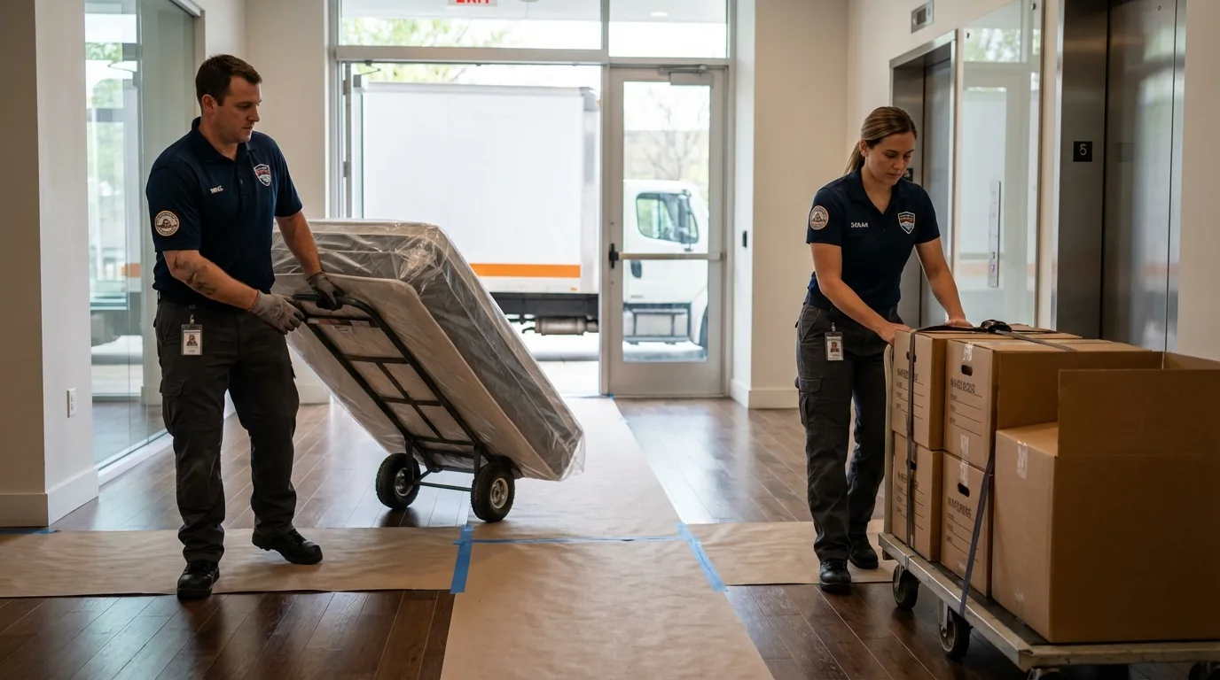 Professional apartment movers loading elevator in Plano, TX